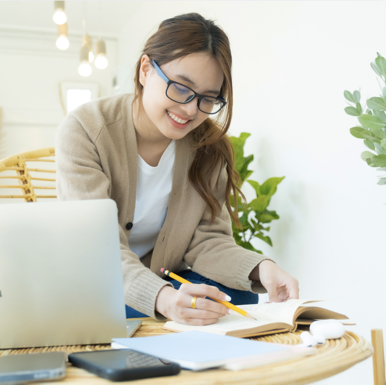 happy woman writing